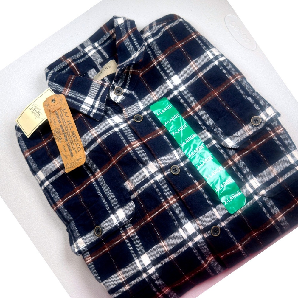 Jachs NY Flannel Shirt Blue Brown White Plaid Cotton Button Down XL New